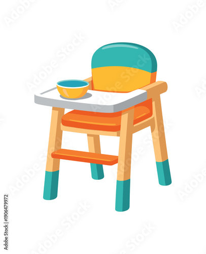 childrens high chair with tray and tiny bowl mealtime furniture clean shapes. colored flat icon vector illustration