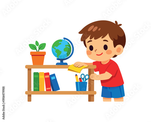 child dusting shelf with small cloth caring for classroom environment clean shapes. colored flat icon vector illustration