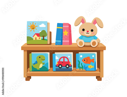 childrens bookshelf with few picture books and plush toy kid room item clean shapes. colored flat icon vector illustration