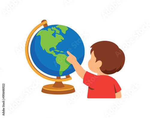 land and water globe with child pointing geography sensorial introduction clean shapes. colored flat icon vector illustration