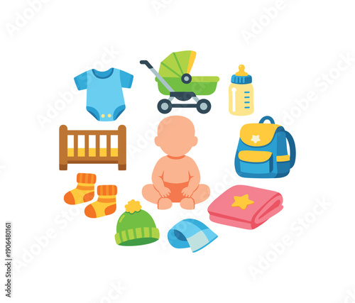 big emblem kids items with central baby silhouette surrounded by bodysuit stroller bottle crib socks hat backpack and blanket complete детские вещи concept clean shapes. colored flat icon