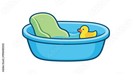 baby bath tub with simple back support and tiny duck icon newborn bathing item clean shapes. colored flat icon vector illustration
