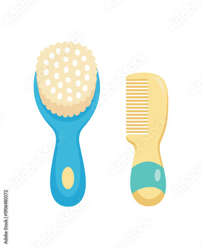 newborn hairbrush with very soft bristles and tiny comb simple baby grooming kit clean shapes. colored flat icon vector illustration