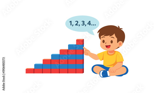 red and blue number rods arranged stair with child counting segments math quantity material clean shapes. colored flat icon vector illustration