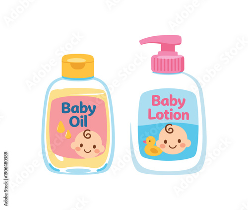small bottle of baby oil and baby lotion standing side by side newborn skin care set clean shapes. colored flat icon vector illustration