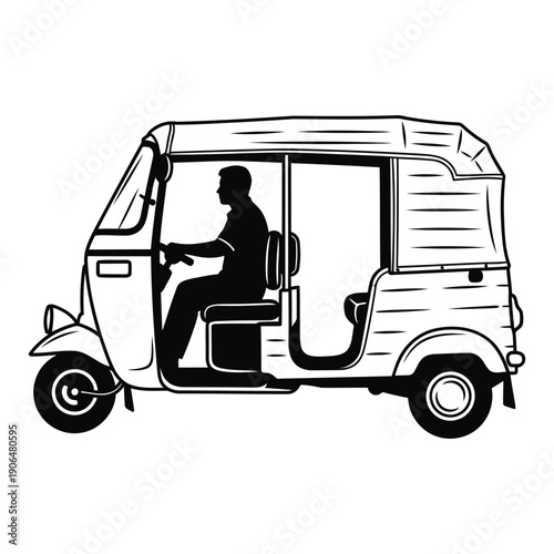 Black and white illustration of person driving an auto rickshaw vehicle
