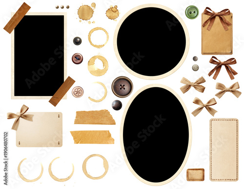 Collection of vintage elements for scrapbooking. Nostalgic set of retro photo, coffee stain, button, linen bow, adhesive tape stripes, paper tag. Mockup template. Isolated on white background