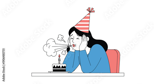 Sad woman wearing a striped party hat sits alone and blows out a single candle on a small chocolate cake while feeling lonely on her birthday.