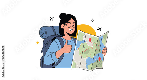 Happy female hiker with a large backpack and glasses holds a map and gives a thumbs up while planning her journey with airplanes in the sky.