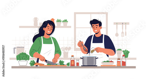 Man and woman in white aprons work together in a kitchen to prepare a healthy meal by chopping vegetables and cooking soup in a large pot.