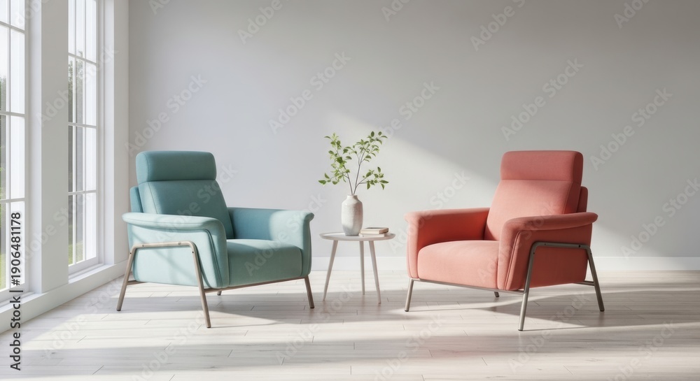 Fototapeta premium Contemporary Living Room Featuring Pastel Teal and Dusty Rose Accent Chairs