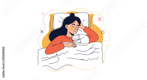 Young woman sleeps peacefully in a cozy bed while a small white cat rests comfortably beside her under the covers.