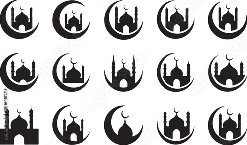 Islamic Mosques Silhouettes within Crescent Moons in Black and White Keywords: mosque silhouette, crescent moon, islamic symbol, islam, religious icon, architecture, building, minaret, dome, moon
