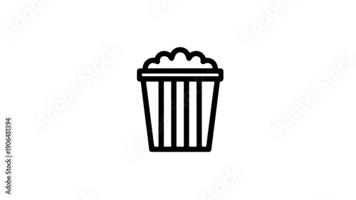 Minimalist black line icon of striped bucket filled with popcorn on white background for graphic design