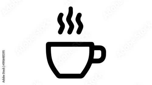 Minimalist black line icon of a steaming hot coffee cup on white background