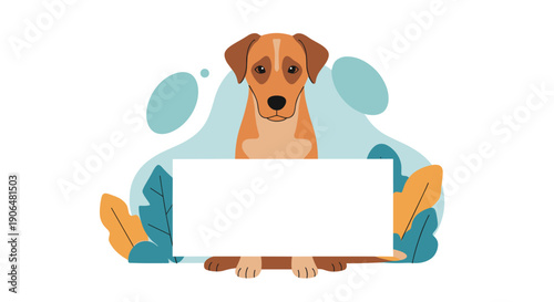 Loyal brown dog sits patiently behind a blank white horizontal banner for text or advertisement in a garden.