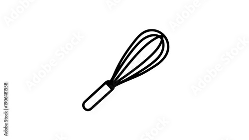 Minimalist black line icon of a wire egg whisk on white background for cooking and baking