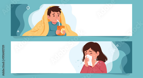 Set of banners showing a sick boy drinking orange juice and a girl sneezing to illustrate cold and flu symptoms.