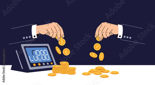 Business hands in suits stack gold coins on a table next to a digital clock to represent time and money value.
