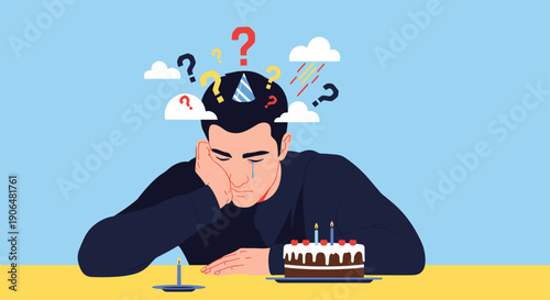 Sad man sits alone at a birthday party crying over a cake while confused question marks float around his head.