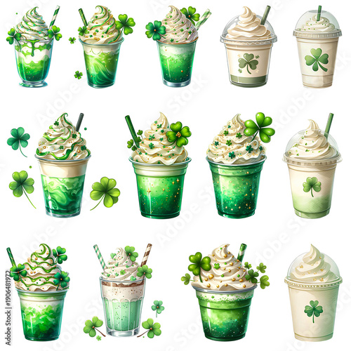 St. Patrick's Day Frappe PNG - Mint Green Shamrock Frappe Clipart Bundle