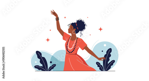 Elegant woman in a red dress dancing gracefully with jewelry and necklaces against a stylized background with leaves and stars.