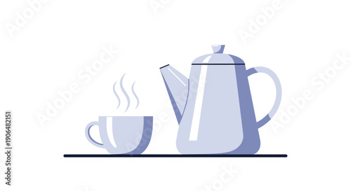 Minimalist illustration of a classic teapot next to a steaming cup of hot beverage on a flat surface, rendered in a clean blue scheme.
