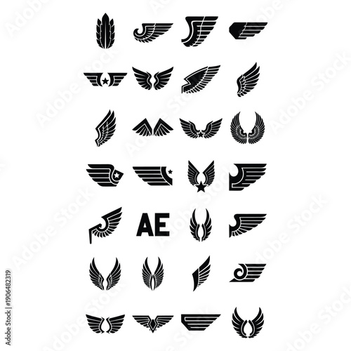 Collection of vintage military aviation wing and star insignia designs in black