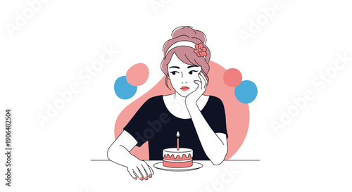 Pensive woman sitting alone at a table with a small birthday cake and a single lit candle, reflecting on a personal moment or memory.