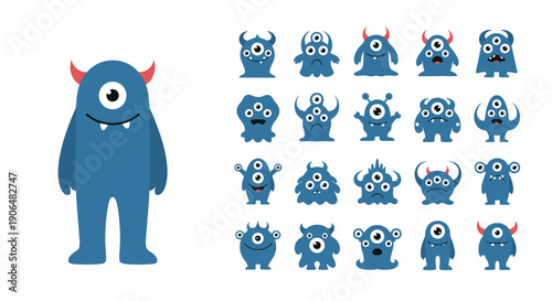 Set of various blue monster icons with different numbers of eyes and expressions, ranging from happy to sad for creative character design.