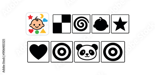 black and white card set with simple shapes newborn visual stimulation cards clean shapes. colored flat icon vector illustration