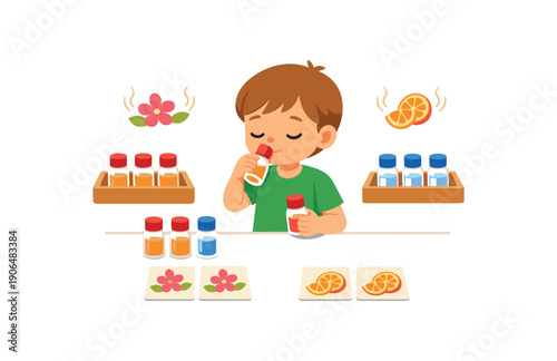 scented bottles set and child smelling and matching pairs olfactory sensorial work clean shapes. colored flat icon vector illustration