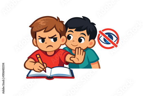 kid stopping other from reading over shoulder crossed eye icon privacy while writing clean shapes. colored flat icon vector illustration