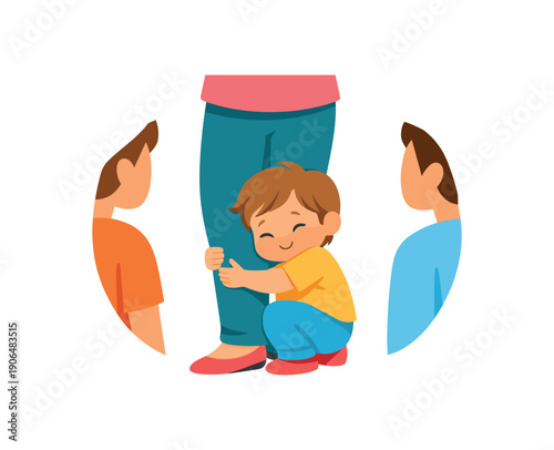 toddler hugging parent leg while meeting new people shy but safe memory clean shapes. colored flat icon vector illustration
