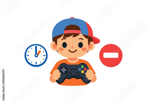 child holding game controller showing small clock and stop icon limit for games time boundary clean shapes. colored flat icon vector illustration