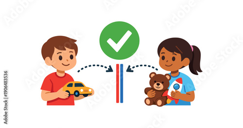 two kids negotiating dotted arrow swapping toys with checkmark respectful boundary play clean shapes. colored flat icon vector illustration