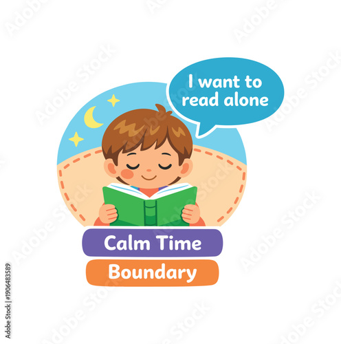 kid with book hands speech bubble I want to read alone calm time boundary clean shapes. colored flat icon vector illustration