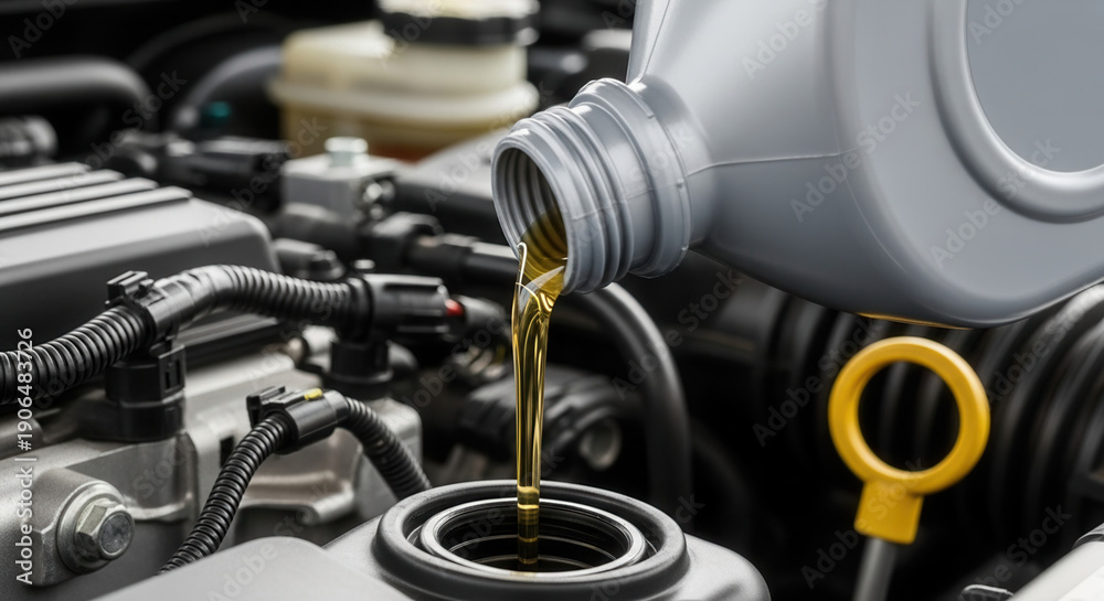 Naklejka premium Vehicle engine oil refilling in modern car, precision maintenance and efficient servicing in automotive care