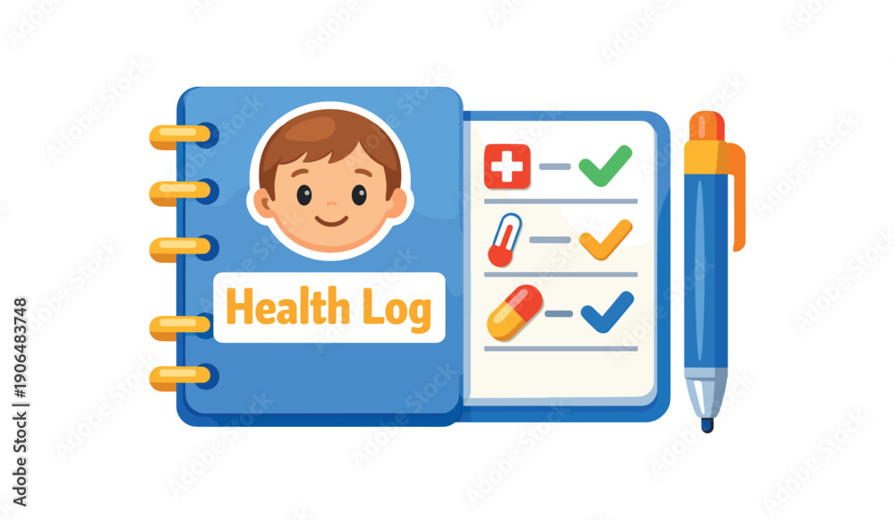 Fototapeta premium small notebook with kid face icon titled health log and pen tracking symptoms and meds clean shapes. colored flat icon vector illustration