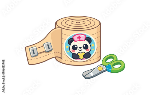 roll of elastic bandage with cute sticker and small scissors child friendly bandaging kit clean shapes. colored flat icon vector illustration