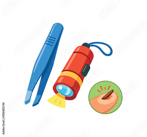 tweezers and flashlight combo with tiny splinter icon kids splinter removal tools clean shapes. colored flat icon vector illustration