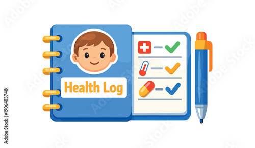 small notebook with kid face icon titled health log and pen tracking symptoms and meds clean shapes. colored flat icon vector illustration