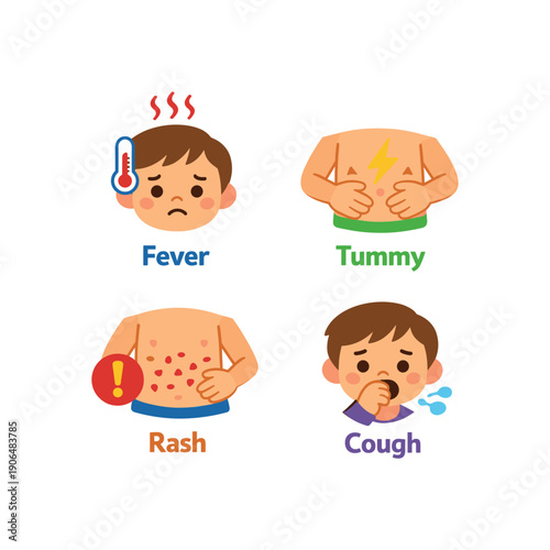 label sheet with fever tummy rash cough for marking children medicine compartments clean shapes. colored flat icon vector illustration