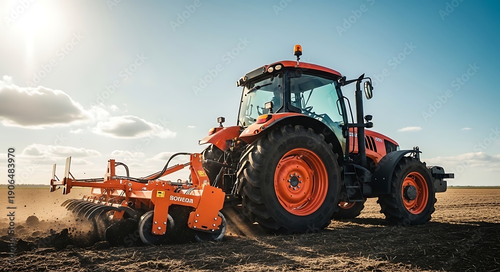 Fototapeta premium Orange tractor with agricultural equipment working in a field under a bright sunny sky with scattered clouds