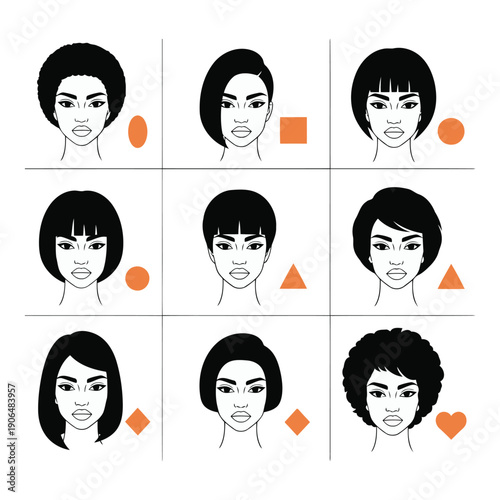 Illustrated Faces with Different Hairstyles and Shapes Accompanied by Symbols