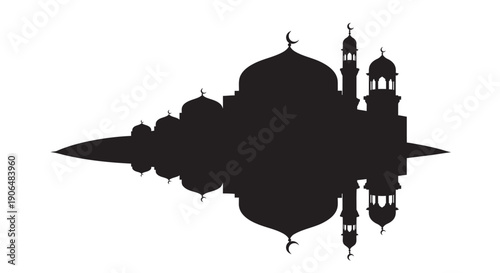 Islamic mosque silhouette with minarets and domes on white background