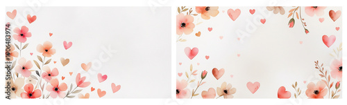 Soft Watercolor Flowers and Hearts Border Background with Copy Space, Romantic Floral Illustration for Valentine’s Day Cards, Wedding Invitations, Greeting Designs and Feminine Stationery Templates.