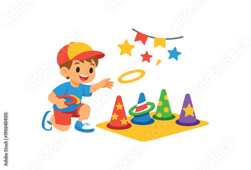 child playing simple ring toss game with festive cones and stars at kids fair clean shapes. colored flat icon vector illustration