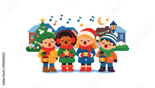 group of kids holding small lanterns and singing song courtyard cozy neighborhood holiday clean shapes. colored flat icon vector illustration
