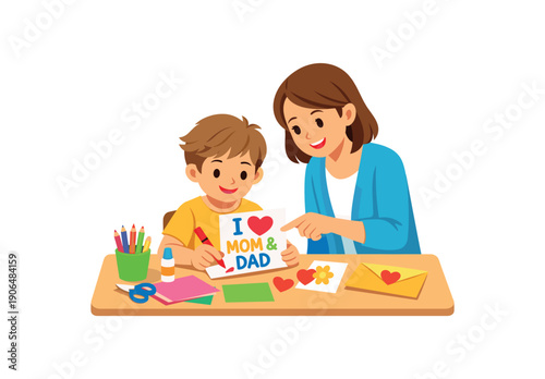 child at school desk creating greeting card for parents with teacher help holiday homework clean shapes. colored flat icon vector illustration
